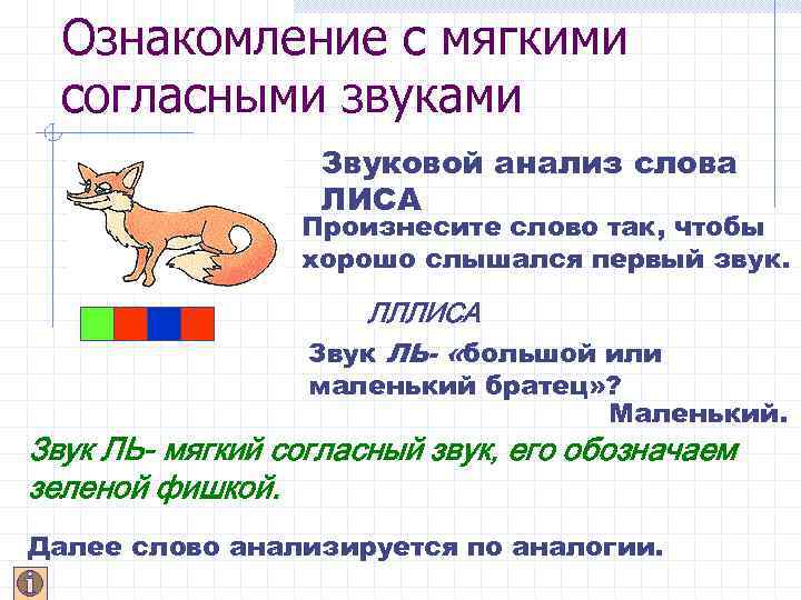 Ознакомление с мягкими согласными звуками Звуковой анализ слова ЛИСА Произнесите слово так, чтобы хорошо