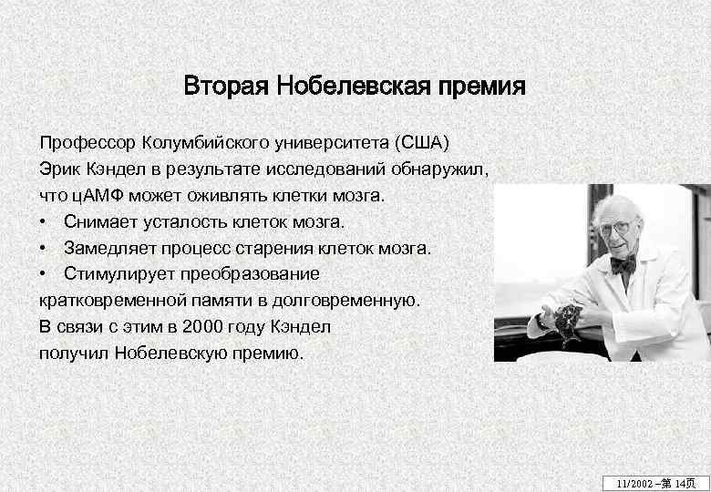 Вторая Нобелевская премия Профессор Колумбийского университета (США) Эрик Кэндел в результате исследований обнаружил, что