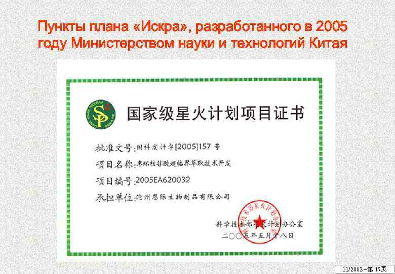 Пункты плана «Искра» , разработанного в 2005 году Министерством науки и технологий Китая 11/2002