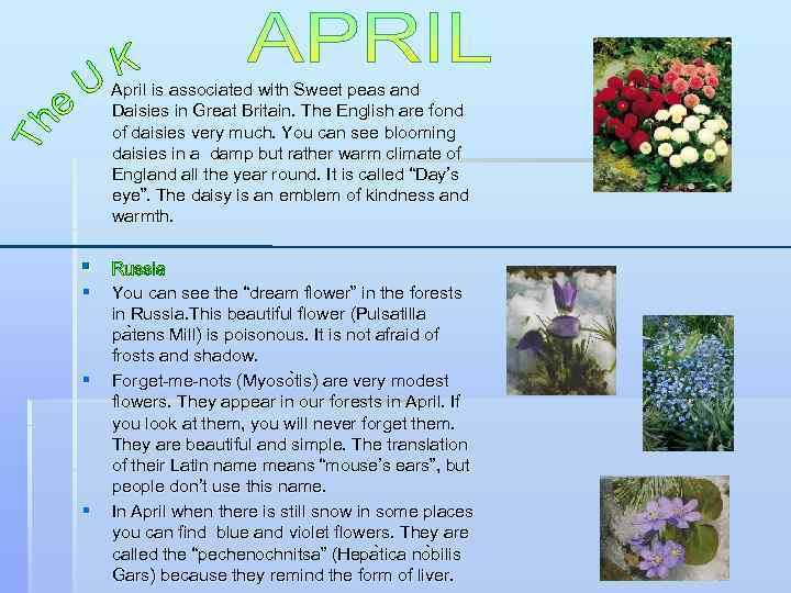 April is associated with Sweet peas and Daisies in Great Britain. The English are