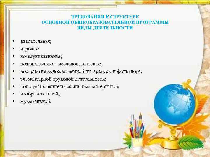 ТРЕБОВАНИЯ К СТРУКТУРЕ ОСНОВНОЙ ОБЩЕОБРАЗОВАТЕЛЬНОЙ ПРОГРАММЫ ВИДЫ ДЕЯТЕЛЬНОСТИ • • • двигательная; игровая; коммуникативная;