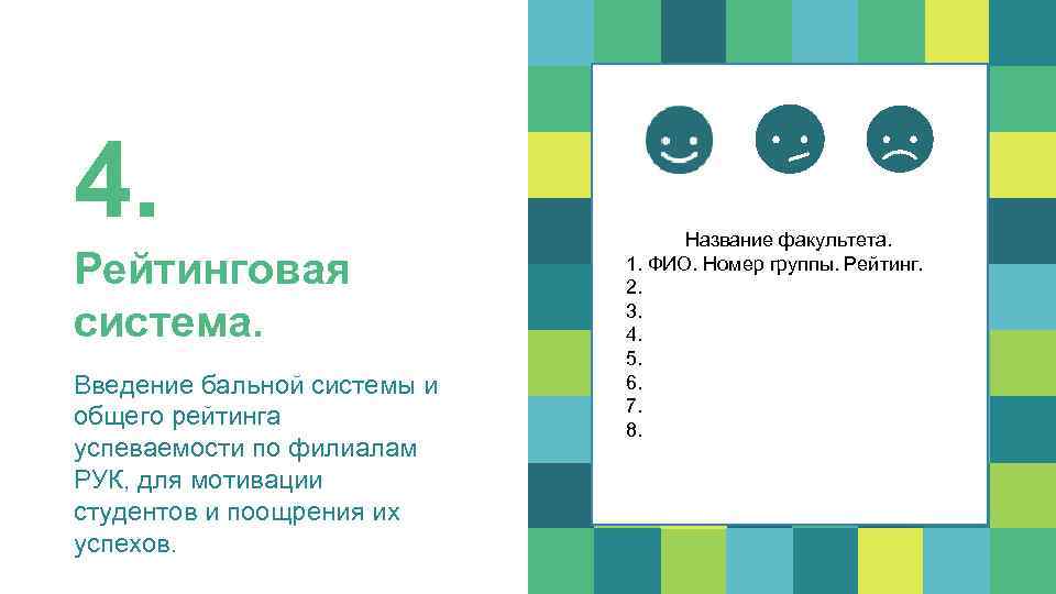 4. Рейтинговая система. Введение бальной системы и общего рейтинга успеваемости по филиалам РУК, для