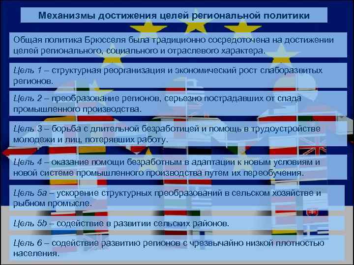 Механизмы достижения целей региональной политики Общая политика Брюсселя была традиционно сосредоточена на достижении целей