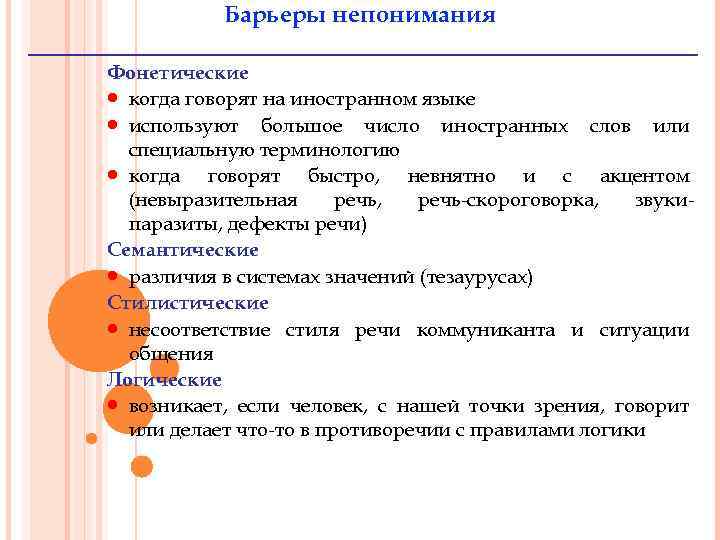 Барьеры непонимания Фонетические · когда говорят на иностранном языке · используют большое число иностранных