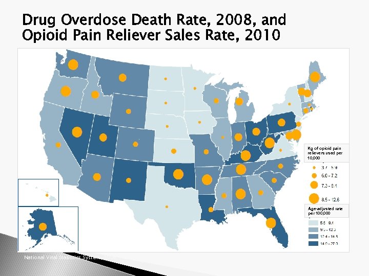 Drug Overdose Death Rate, 2008, and Opioid Pain Reliever Sales Rate, 2010 Kg of