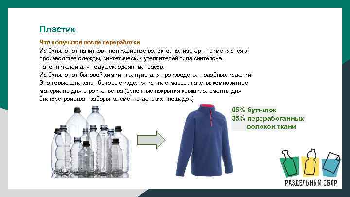 Пластик Что получится после переработки Из бутылок от напитков - полиэфирное волокно, полиэстер -
