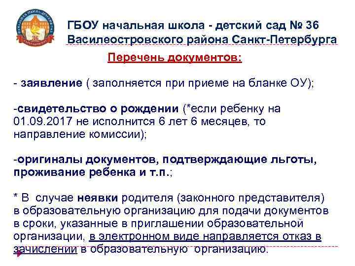 ГБОУ начальная школа - детский сад № 36 Василеостровского района Санкт-Петербурга Перечень документов: -