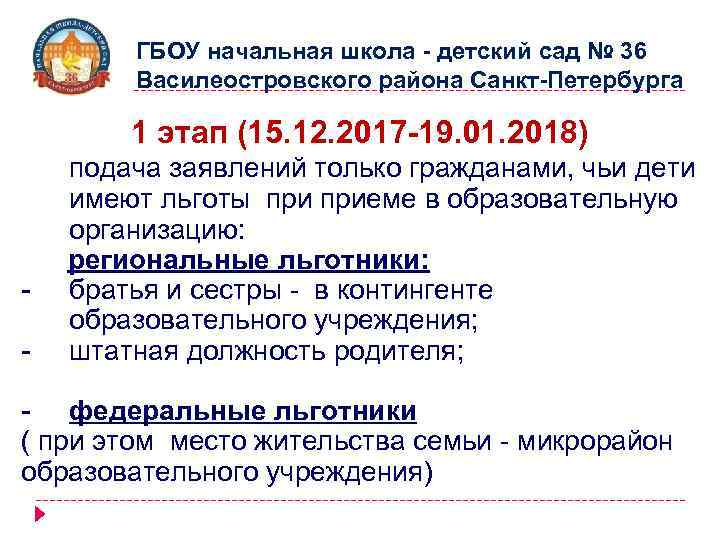 ГБОУ начальная школа - детский сад № 36 Василеостровского района Санкт-Петербурга 1 этап (15.