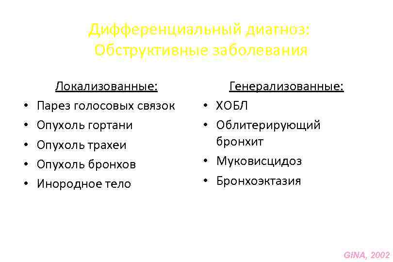 Дифференциальный диагноз: Обструктивные заболевания • • • Локализованные: Парез голосовых связок Опухоль гортани Опухоль