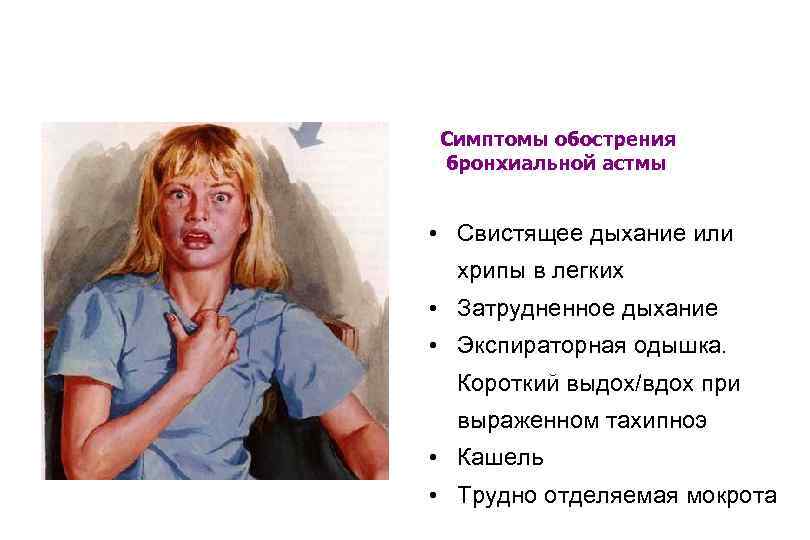 Симптомы обострения бронхиальной астмы • Свистящее дыхание или хрипы в легких • Затрудненное дыхание