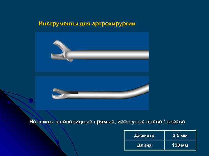 Инструменты для артрохирургии Ножницы клювовидные прямые, изогнутые влево / вправо Диаметр 3, 5 мм