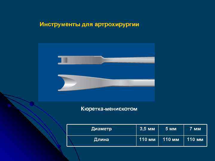 Инструменты для артрохирургии Кюретка-менискотом Диаметр 3, 5 мм 7 мм Длина 110 мм 