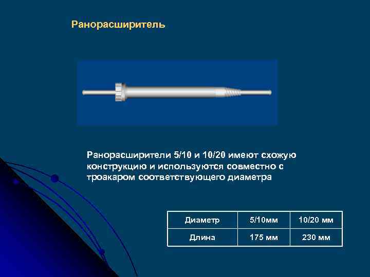 Ранорасширитель Ранорасширители 5/10 и 10/20 имеют схожую конструкцию и используются совместно с троакаром соответствующего