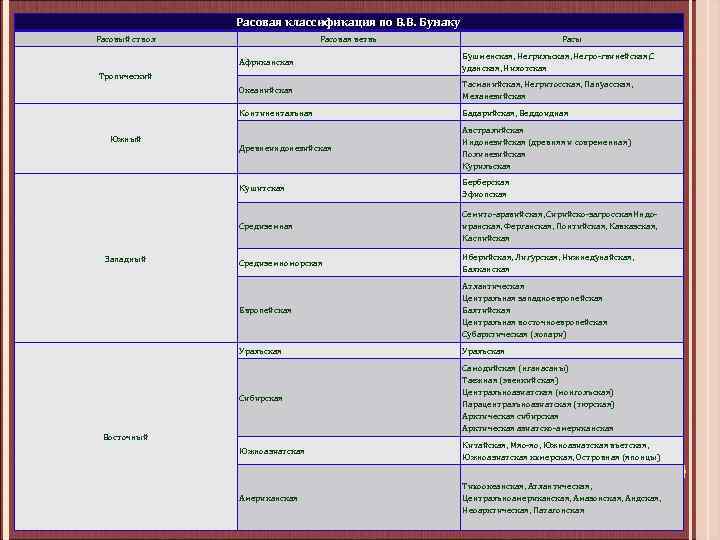 Расовая классификация по В. В. Бунаку Расовый ствол Расовая ветвь Расы Африканская Бушменская, Негрильская,