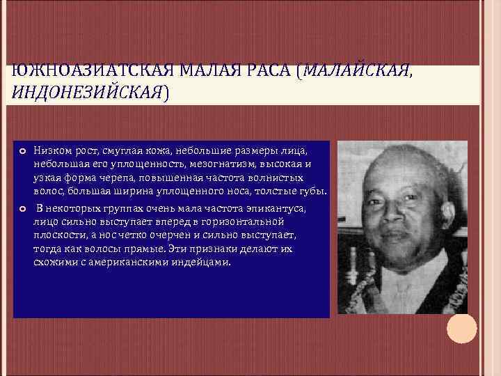 ЮЖНОАЗИАТСКАЯ МАЛАЯ РАСА (МАЛАЙСКАЯ, ИНДОНЕЗИЙСКАЯ) Низком рост, смуглая кожа, небольшие размеры лица, небольшая его