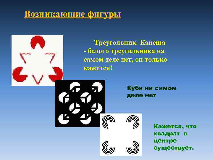 Возникающие фигуры Треугольник Канеша - белого треугольника на самом деле нет, он только кажется!