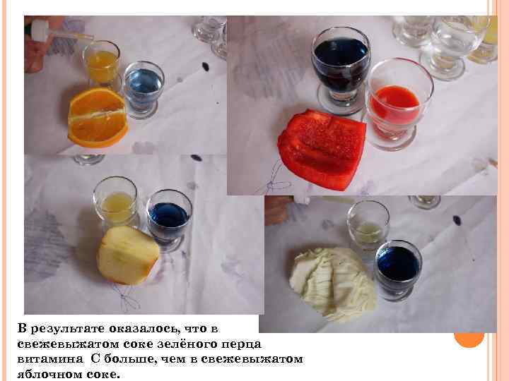 В результате оказалось, что в свежевыжатом соке зелёного перца витамина С больше, чем в