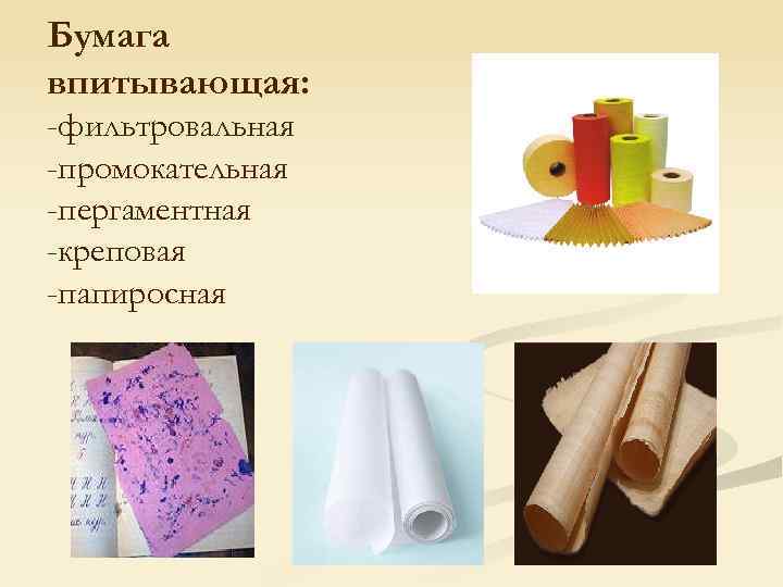 Бумага впитывающая: -фильтровальная -промокательная -пергаментная -креповая -папиросная 