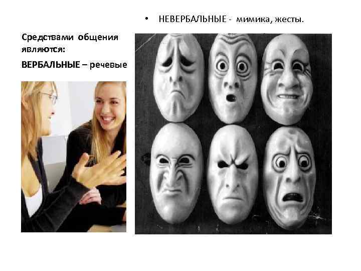  • НЕВЕРБАЛЬНЫЕ - мимика, жесты. Средствами общения являются: ВЕРБАЛЬНЫЕ – речевые 
