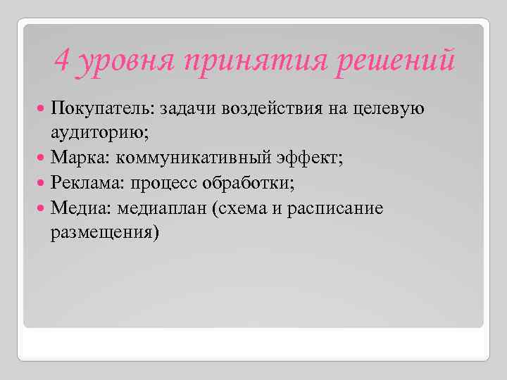 4 уровня принятия решений Покупатель: задачи воздействия на целевую аудиторию; Марка: коммуникативный эффект; Реклама: