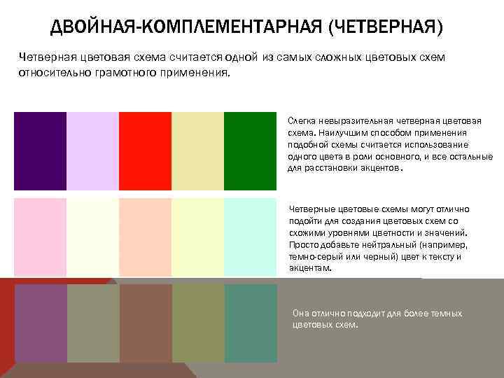 ДВОЙНАЯ-КОМПЛЕМЕНТАРНАЯ (ЧЕТВЕРНАЯ) Четверная цветовая схема считается одной из самых сложных цветовых схем относительно грамотного