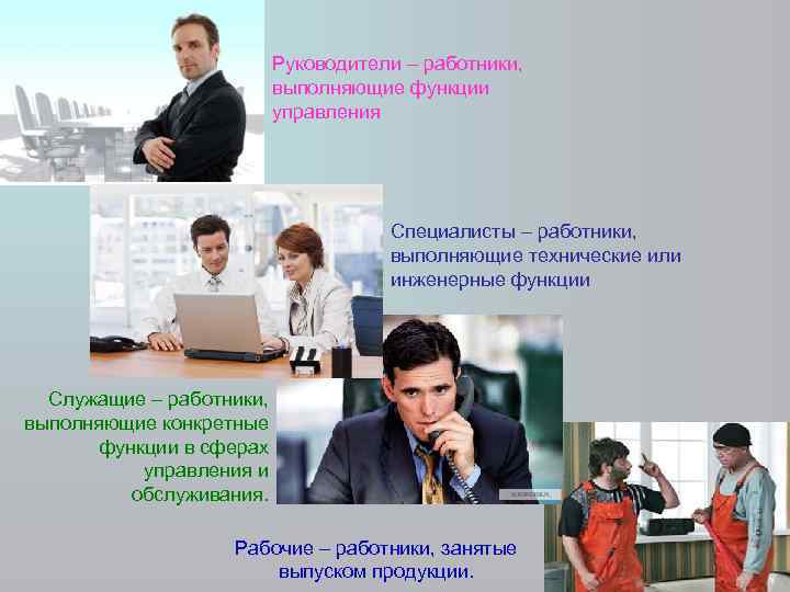 Руководители – работники, выполняющие функции управления Специалисты – работники, выполняющие технические или инженерные функции