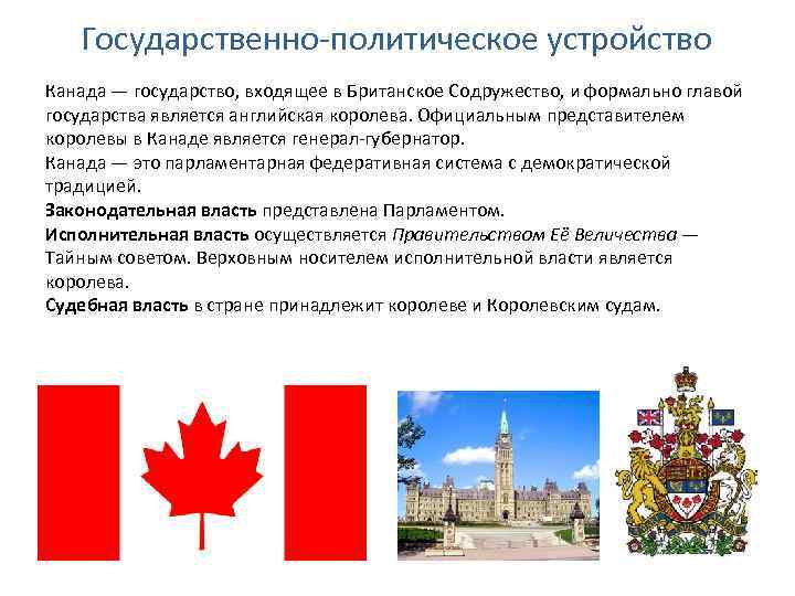 Государственно-политическое устройство Канада — государство, входящее в Британское Содружество, и формально главой государства является
