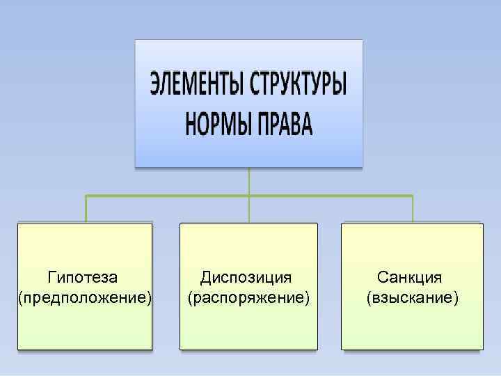 Элементы структуры правовой нормы Правовая норма Гипотеза гипотеза (предположение) Диспозиция диспозиция (распоряжение) Санкция санкция