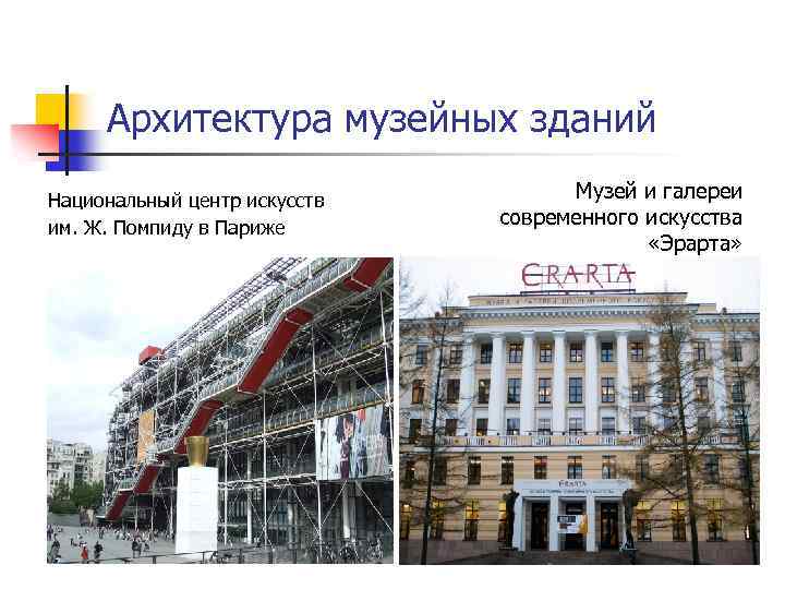 Архитектура музейных зданий Национальный центр искусств им. Ж. Помпиду в Париже Музей и галереи