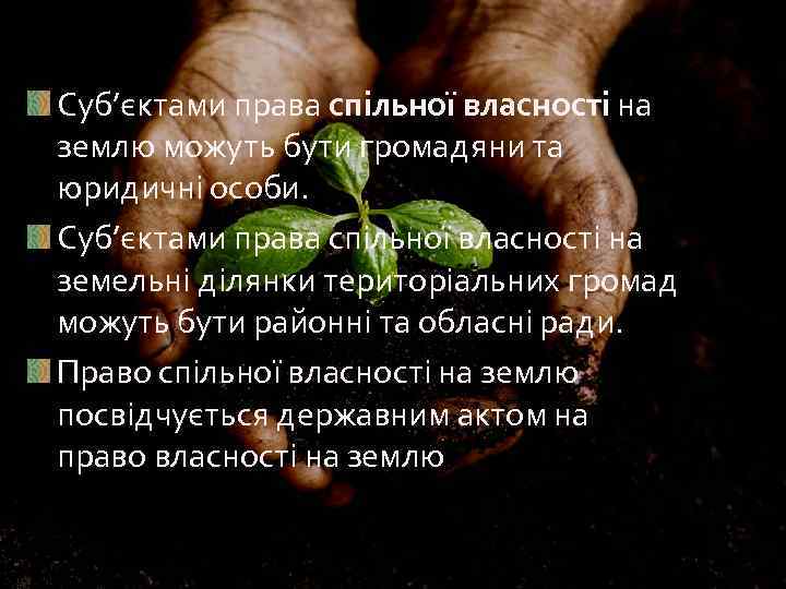Суб’єктами права спільної власності на землю можуть бути громадяни та юридичні особи. Суб’єктами права