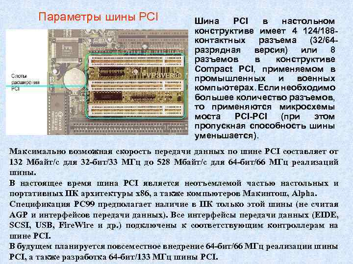 Параметры шины РСI Шина PCI в настольном конструктиве имеет 4 124/188 контактных разъема (32/64