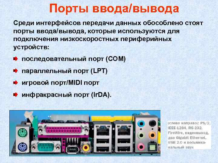 Порты ввода/вывода Среди интерфейсов передачи данных обособлено стоят порты ввода/вывода, которые используются для подключения