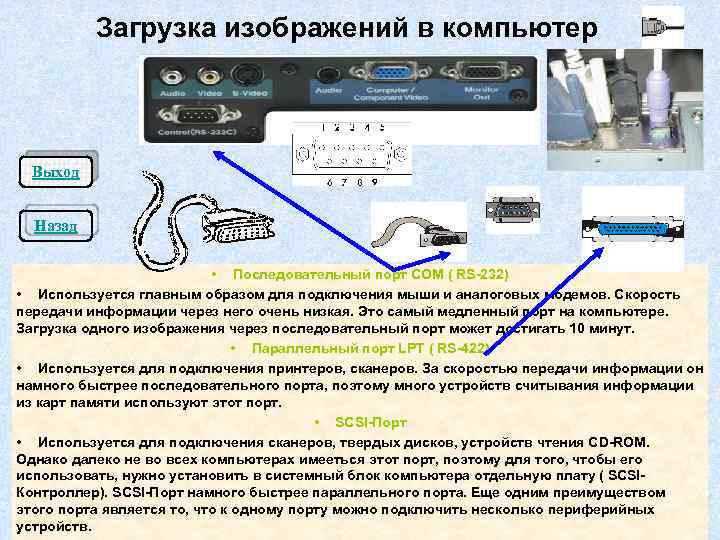 Загрузка изображений в компьютер Выход Назад • Последовательный порт СОМ ( RS-232) • Используется