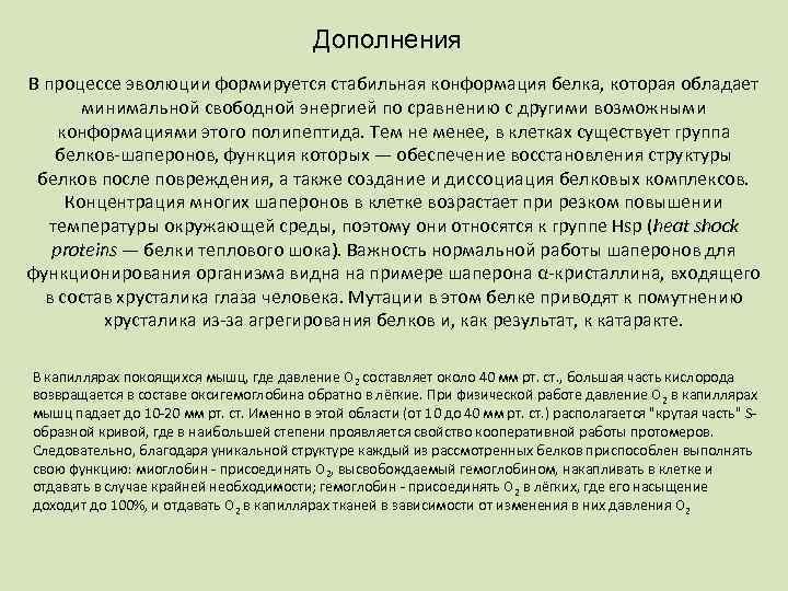 Дополнения В процессе эволюции формируется стабильная конформация белка, которая обладает минимальной свободной энергией по