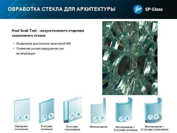 ОБРАБОТКА СТЕКЛА ДЛЯ АРХИТЕКТУРЫ Heat Soak Test – искусственного старения закаленного стекла • Выявление