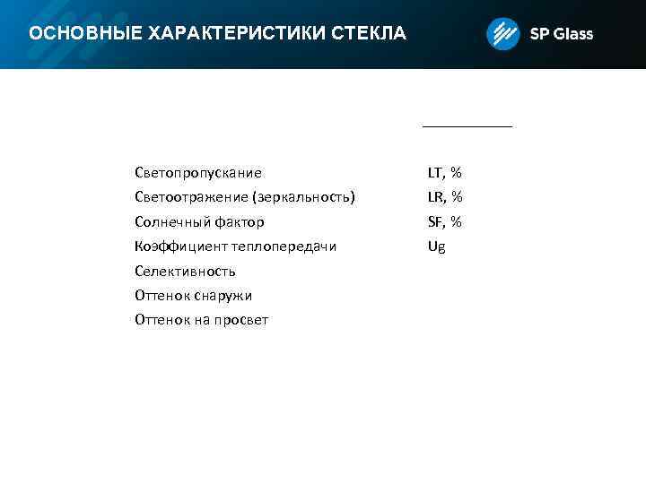 ОСНОВНЫЕ ХАРАКТЕРИСТИКИ СТЕКЛА Светопропускание LT, % Светоотражение (зеркальность) LR, % Солнечный фактор SF, %