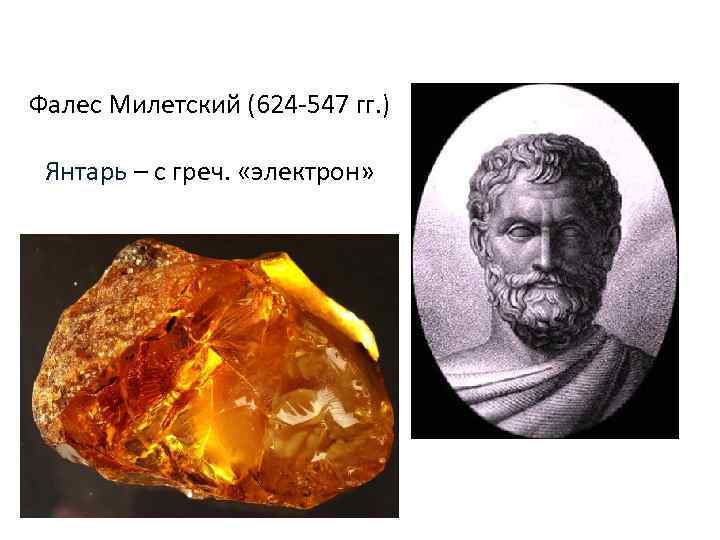 Фалес Милетский (624 -547 гг. ) Янтарь – с греч. «электрон» 