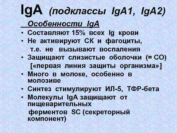 Ig. A (подклассы Ig. A 1, Ig. A 2) Особенности Ig. A • Составляют