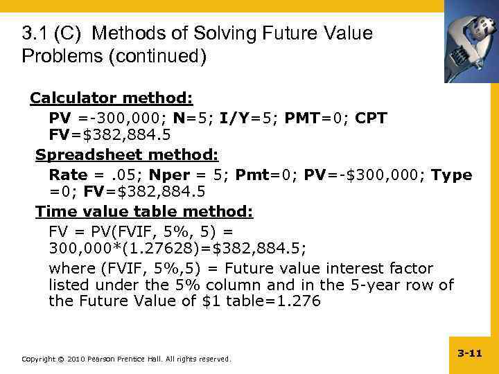 3. 1 (C) Methods of Solving Future Value Problems (continued) Calculator method: PV =-300,