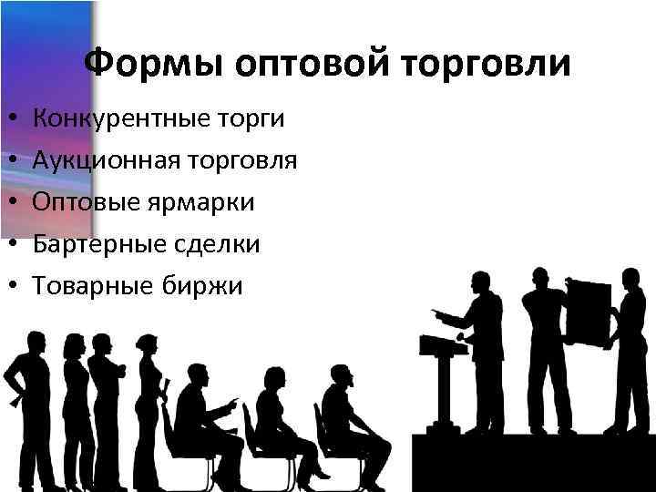 Формы оптовой торговли • • • Конкурентные торги Аукционная торговля Оптовые ярмарки Бартерные сделки