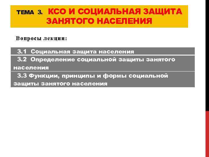 ТЕМА 3. КСО И СОЦИАЛЬНАЯ ЗАЩИТА ЗАНЯТОГО НАСЕЛЕНИЯ Вопросы лекции: 3. 1 Социальная защита