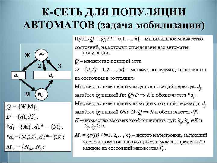 К-СЕТЬ ДЛЯ ПОПУЛЯЦИИ АВТОМАТОВ (задача мобилизации) Пусть Q = {qi / i = 0,