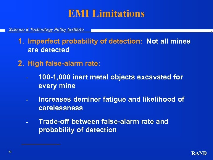 EMI Limitations Science & Technology Policy Institute 1. Imperfect probability of detection: Not all