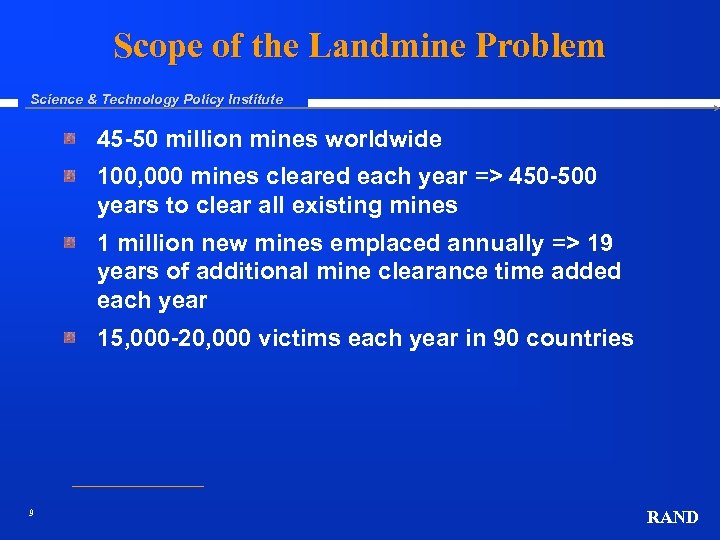Scope of the Landmine Problem Science & Technology Policy Institute 45 -50 million mines