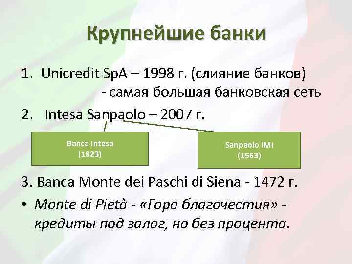 Крупнейшие банки 1. Unicredit Sp. A – 1998 г. (слияние банков) - самая большая