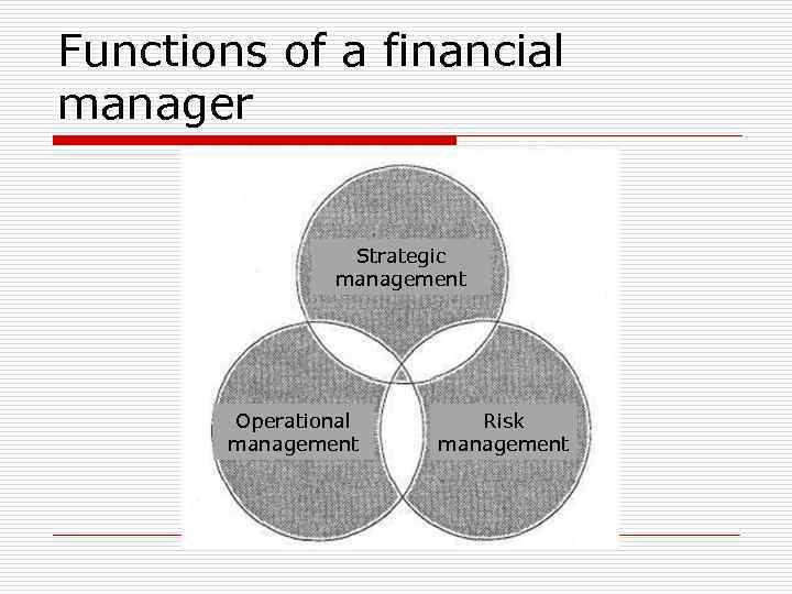 Functions of a financial manager Strategic management Operational management Risk management 