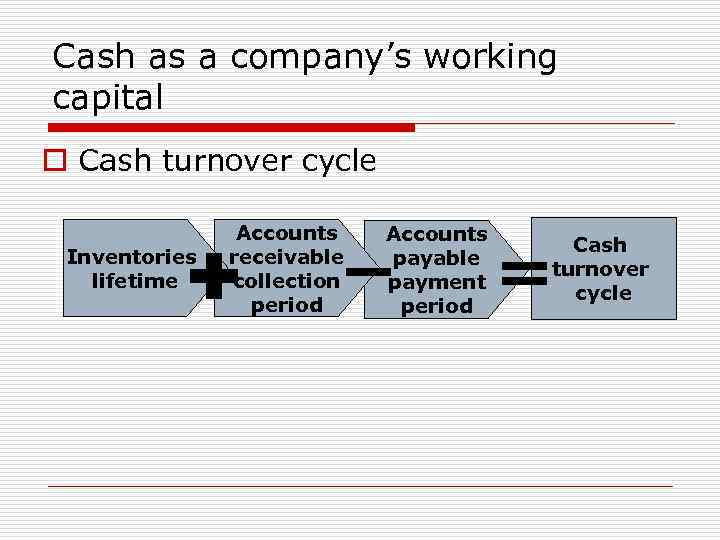 Cash as a company’s working capital o Cash turnover cycle Inventories lifetime Accounts receivable