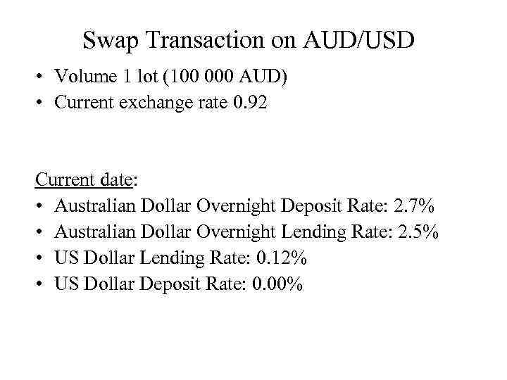 Swap Transaction on AUD/USD • Volume 1 lot (100 000 AUD) • Current exchange