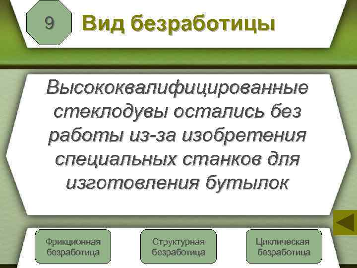 9 Вид безработицы Высококвалифицированные стеклодувы остались без работы из-за изобретения специальных станков для изготовления