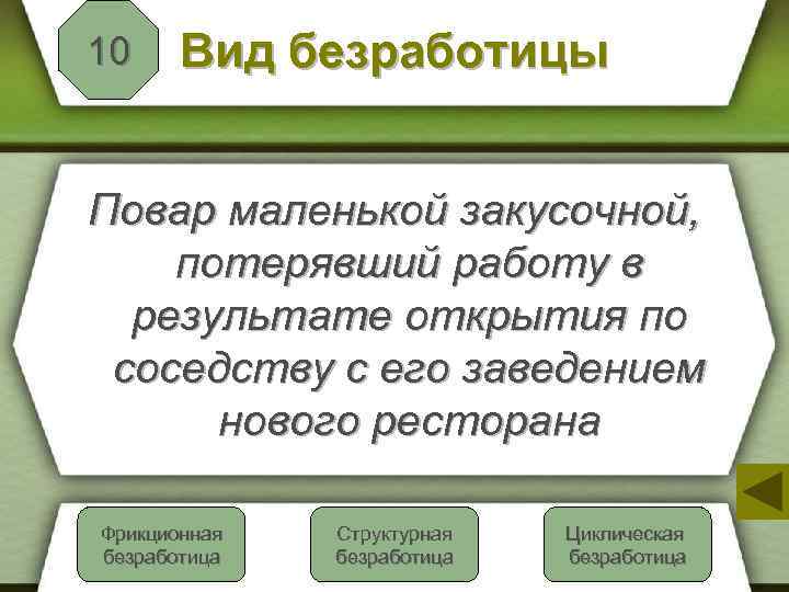 10 Вид безработицы Повар маленькой закусочной, потерявший работу в результате открытия по соседству с